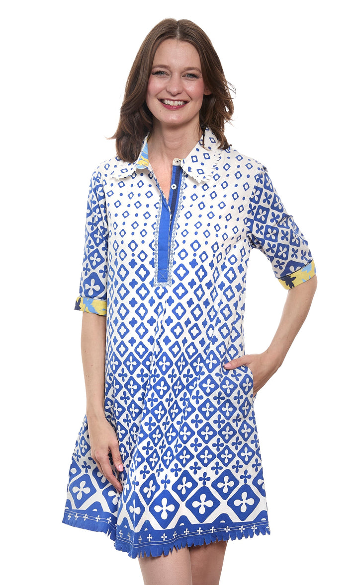 Dizzy-Lizzie Chatham Dress - French Blue and White Engineered Print available at Barbara Katz