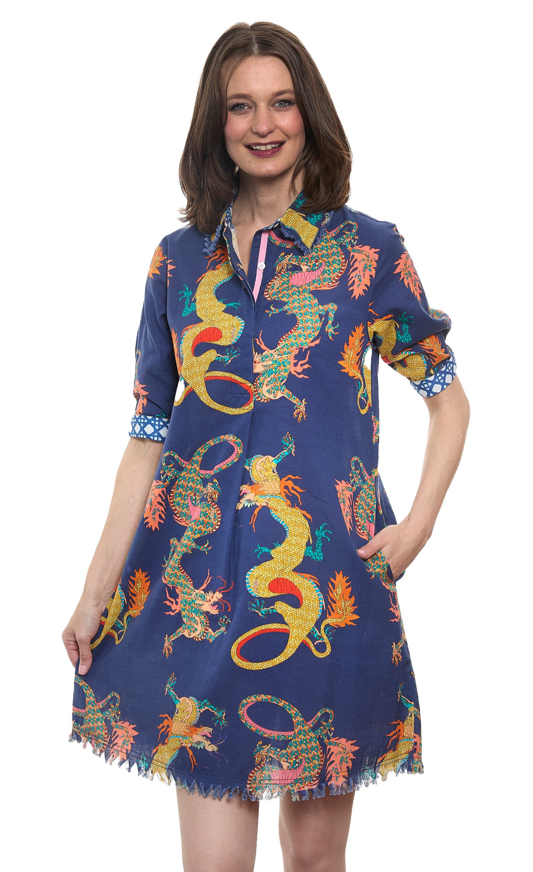 Dizzy-Lizzie Chatham Dress in Navy Ground Dragon Print available at Barbara Katz