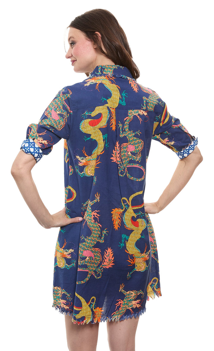 Dizzy-Lizzie Chatham Dress in Navy Ground Dragon Print available at Barbara Katz