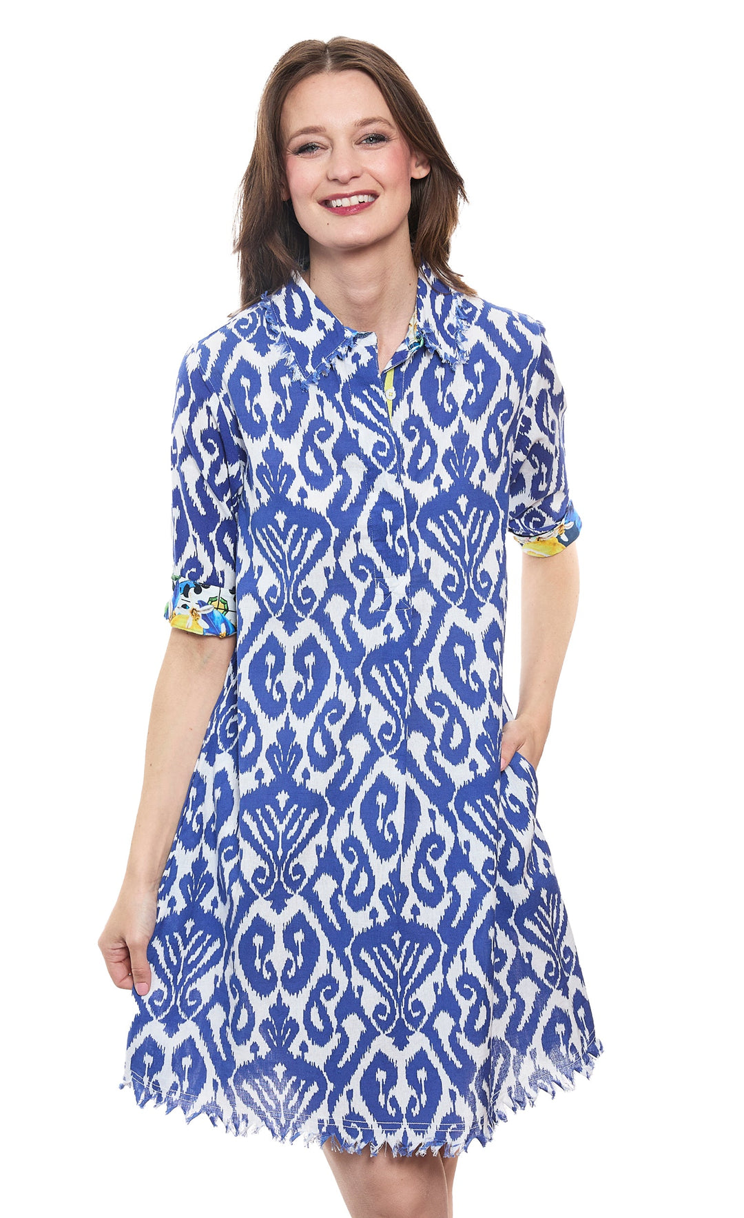 Dizzy-Lizzie Chatham Dress in Navy White Ikat available at Barbara Katz