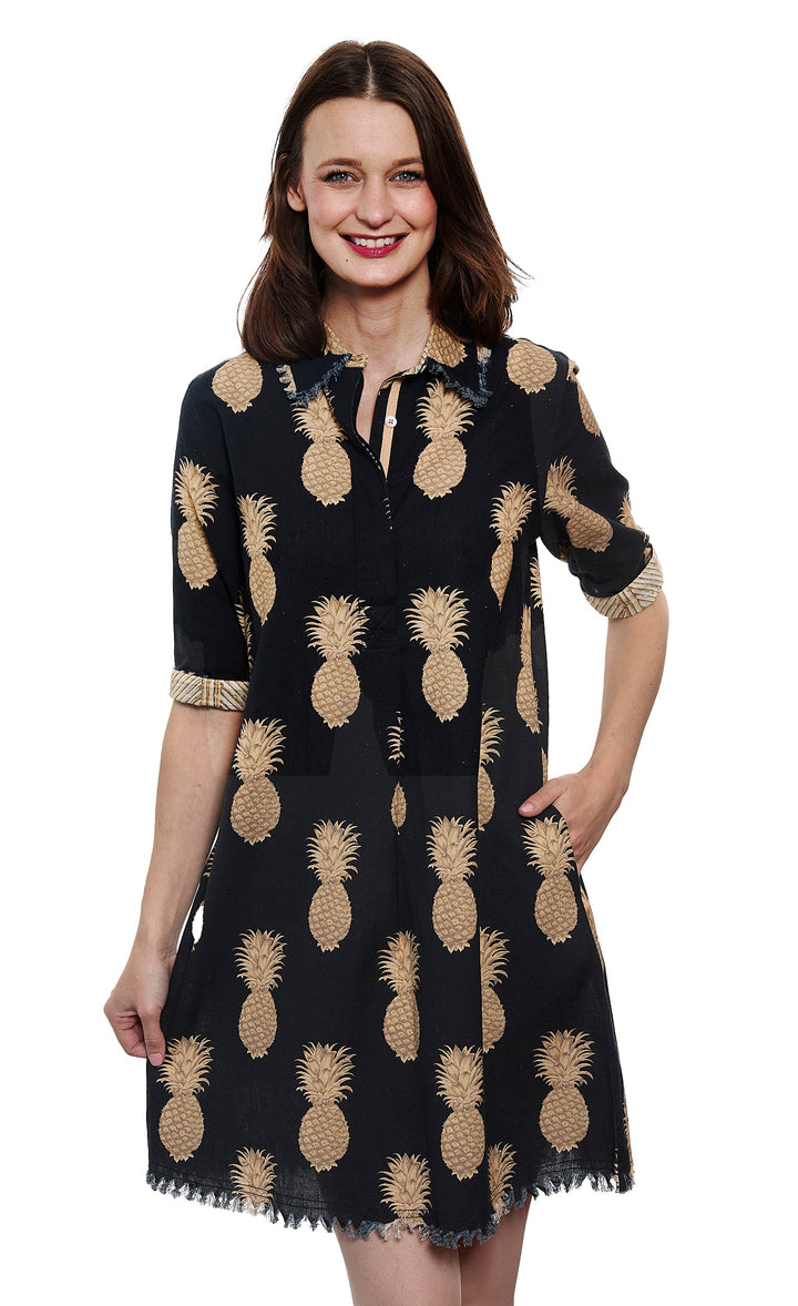 Dizzy-Lizzie Chatham Dress - Black and Gold Pineapple Print available at Barbara Katz