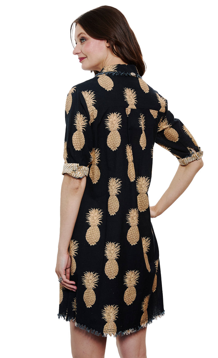 Dizzy-Lizzie Chatham Dress - Black and Gold Pineapple Print available at Barbara Katz