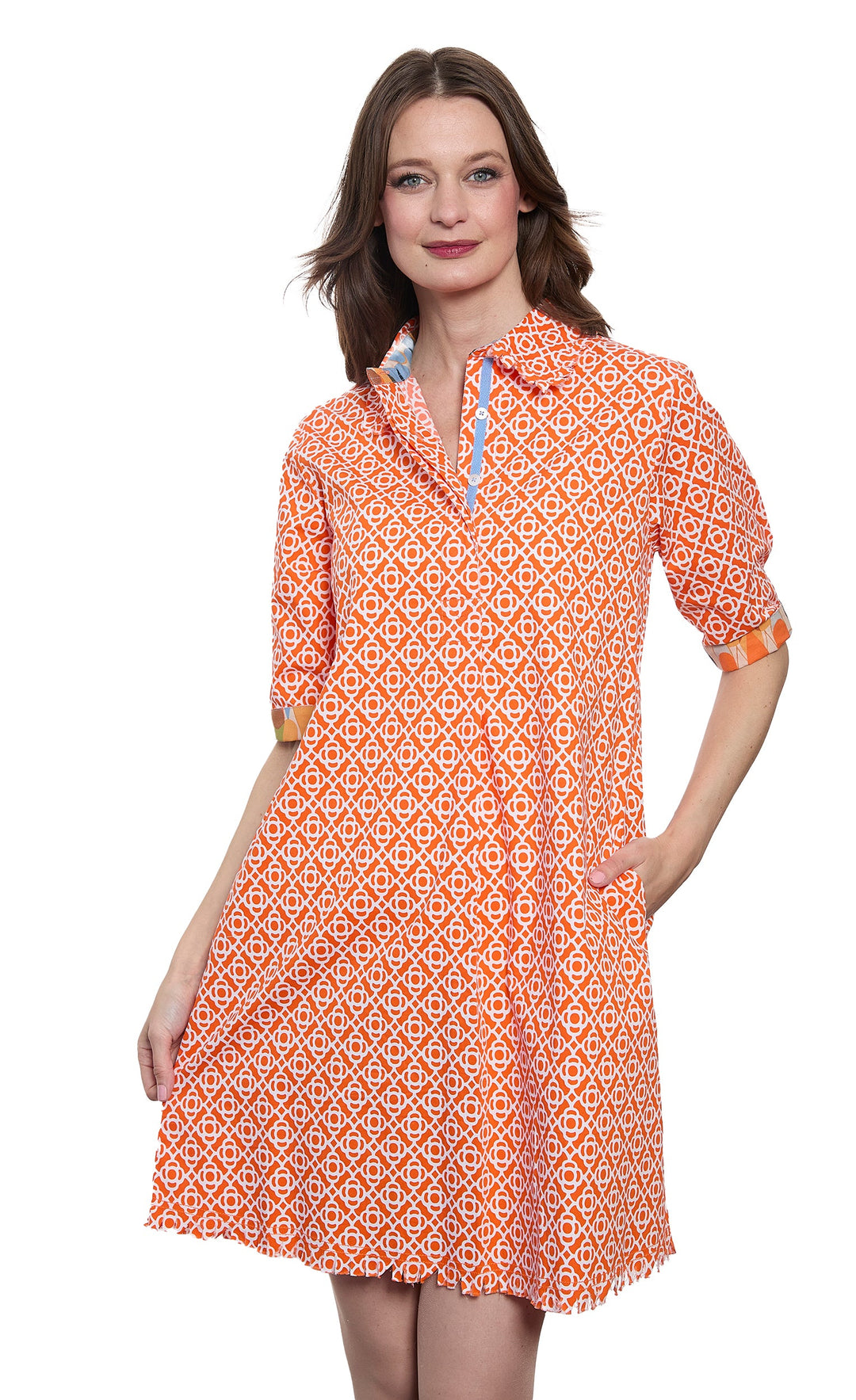 Dizzy-Lizzie Chatham Dress in Orange & White Geo available at Barbara Katz