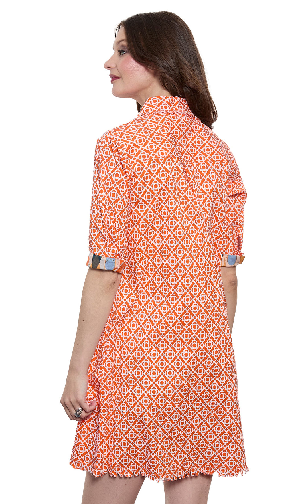 Dizzy-Lizzie Chatham Dress in Orange & White Geo available at Barbara Katz