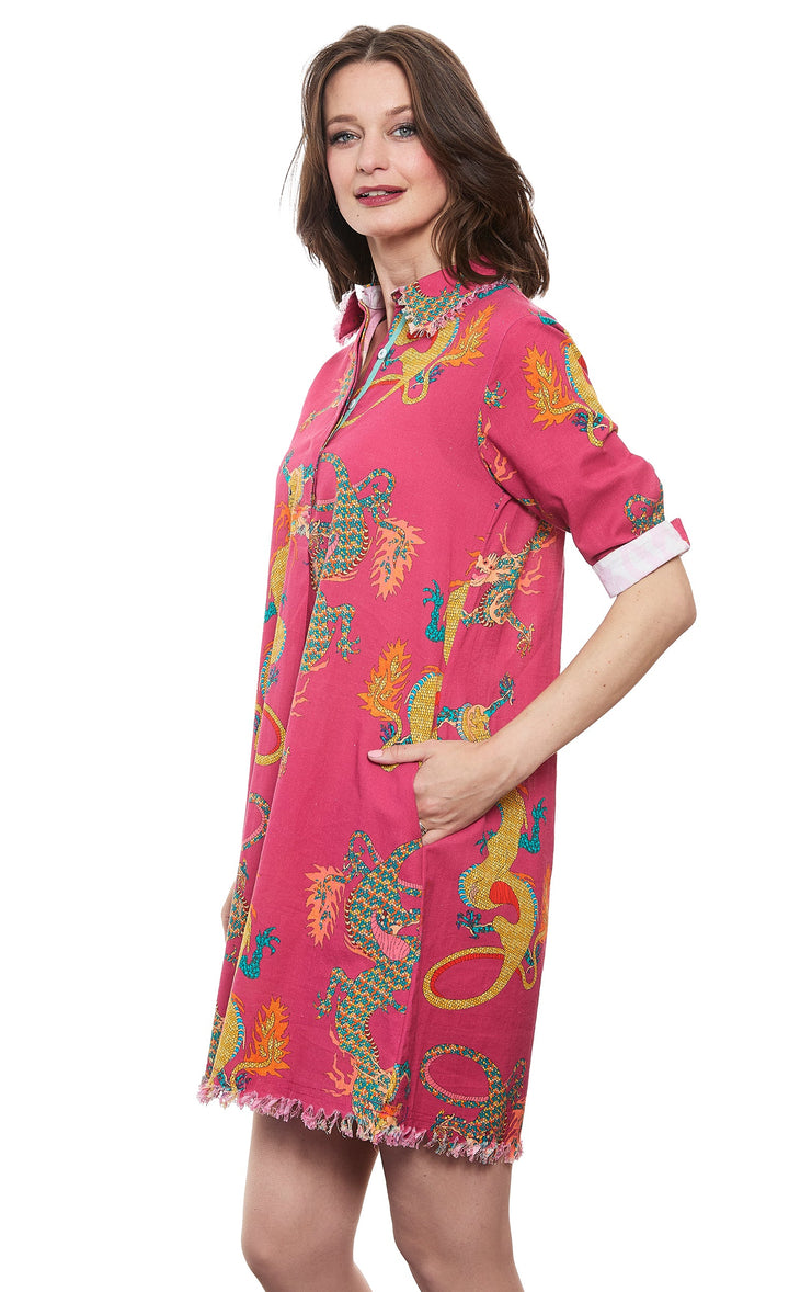 Dizzy-Lizzie Chatham Dress in Dark Pink Ground Dragon Print available at Barbara Katz