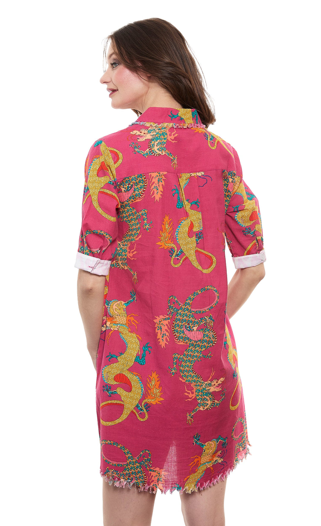Dizzy-Lizzie Chatham Dress in Dark Pink Ground Dragon Print available at Barbara Katz