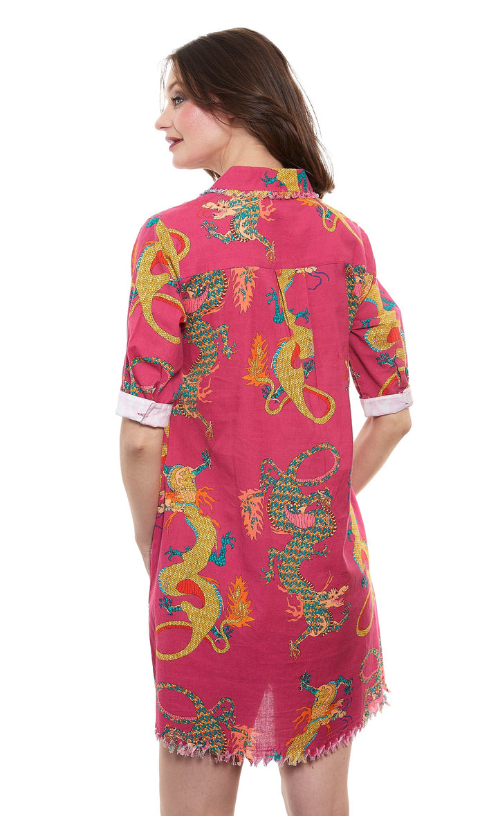 Dizzy-Lizzie Chatham Dress in Dark Pink Ground Dragon Print available at Barbara Katz