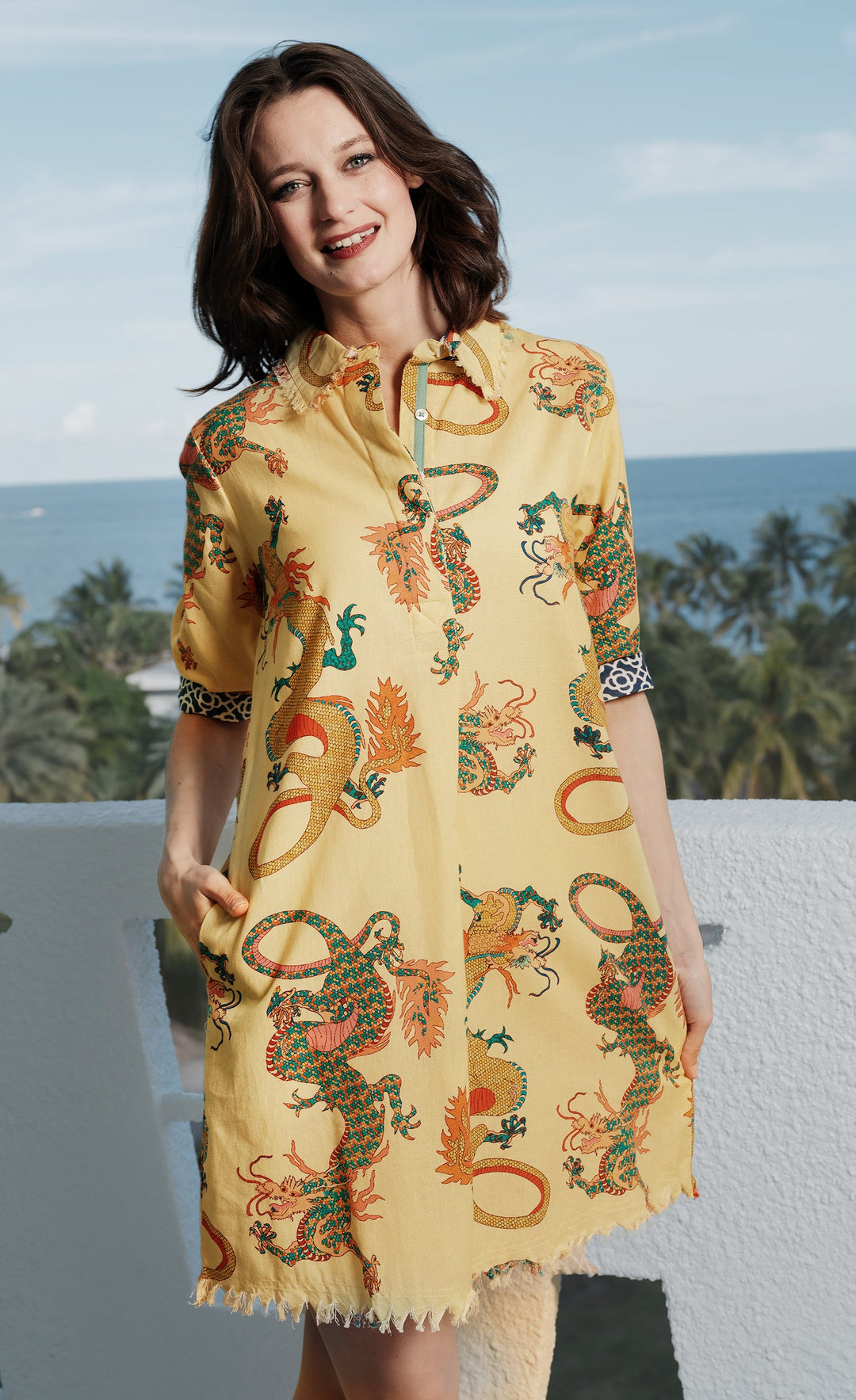 Dizzy-Lizzie Chatham Dress in Butter Yellow Ground Dragon Print available at Barbara Katz