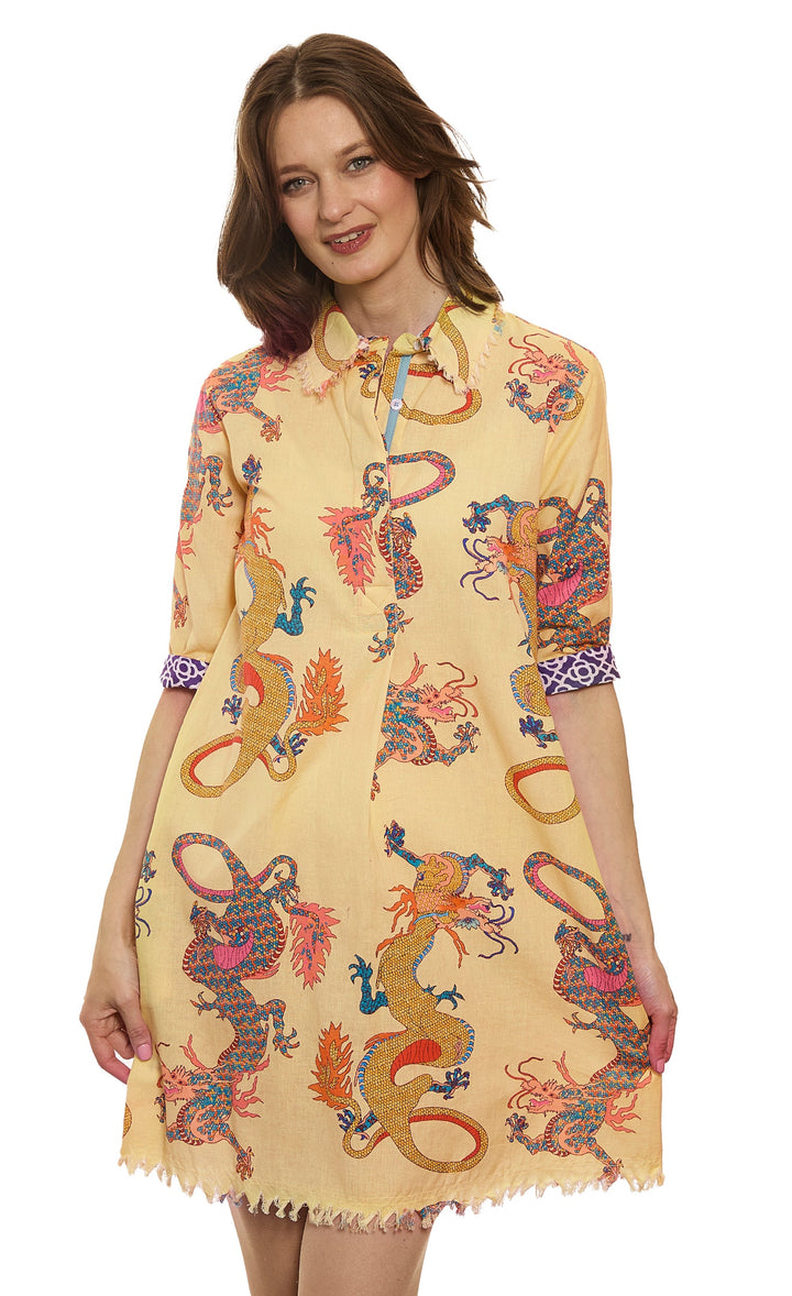 Dizzy-Lizzie Chatham Dress in Butter Yellow Ground Dragon Print available at Barbara Katz