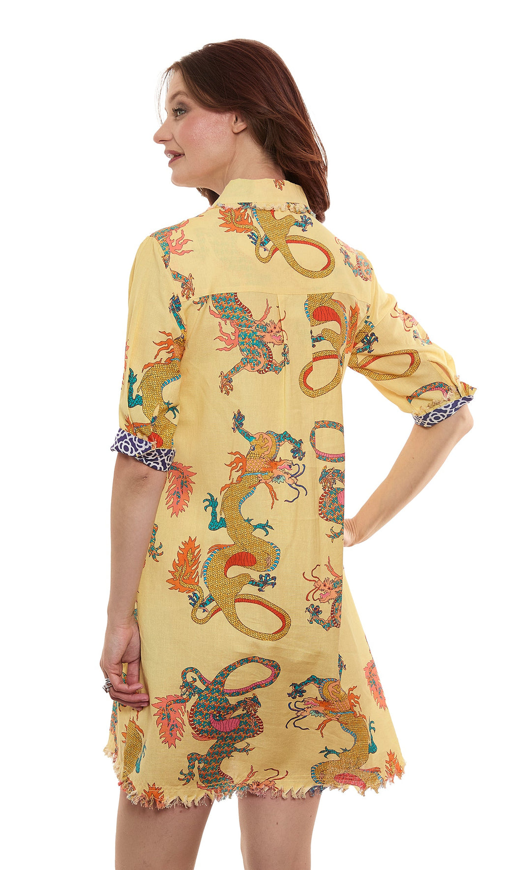 Dizzy-Lizzie Chatham Dress in Butter Yellow Ground Dragon Print available at Barbara Katz