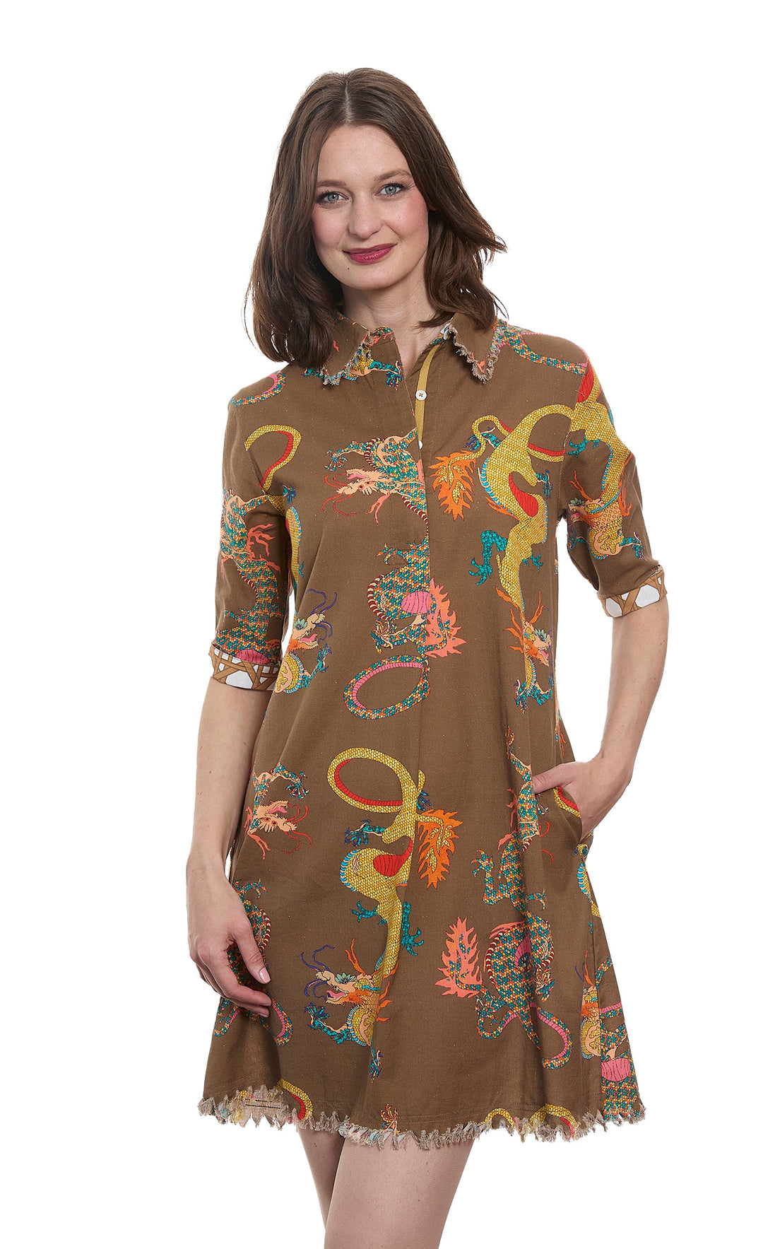 Dizzy-Lizzie Chatham Dress in Chocolate Ground Dragon Print available at Barbara Katz