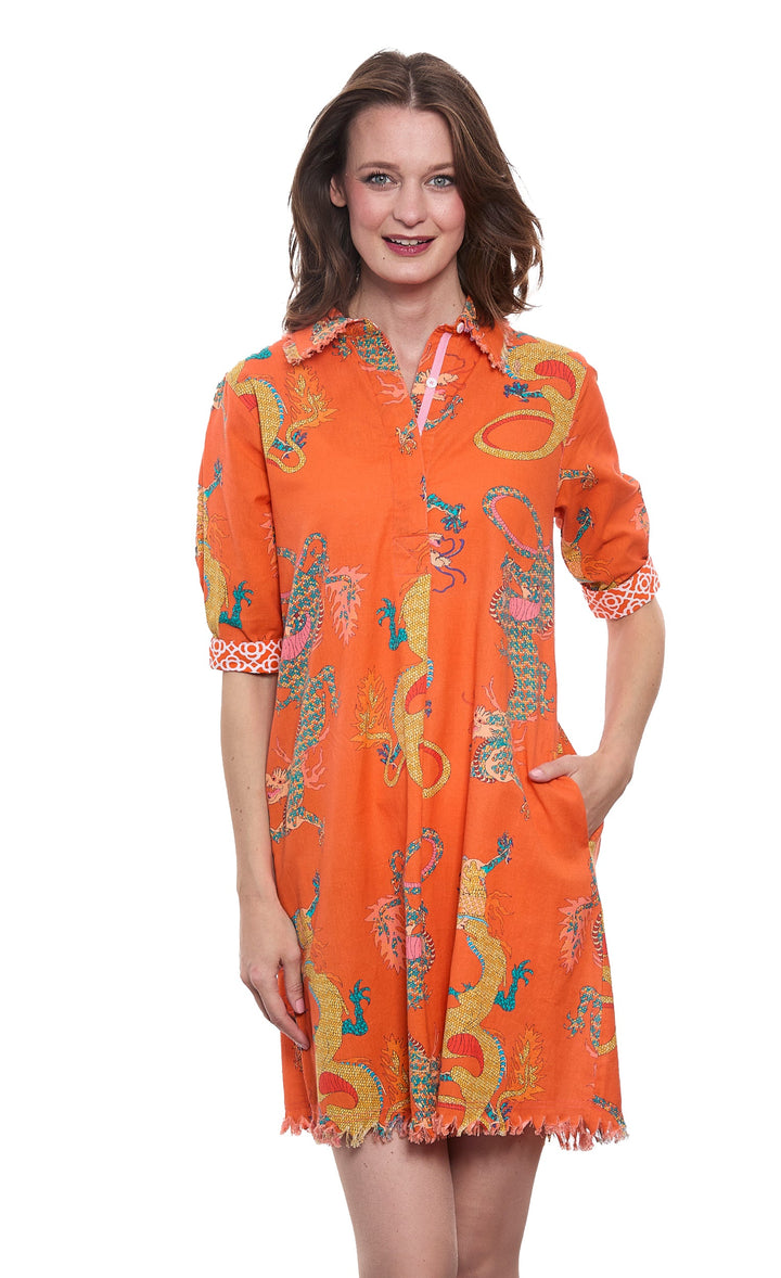 Dizzy-Lizzie Chatham Dress in Orange Ground Dragon Print available at Barbara Katz
