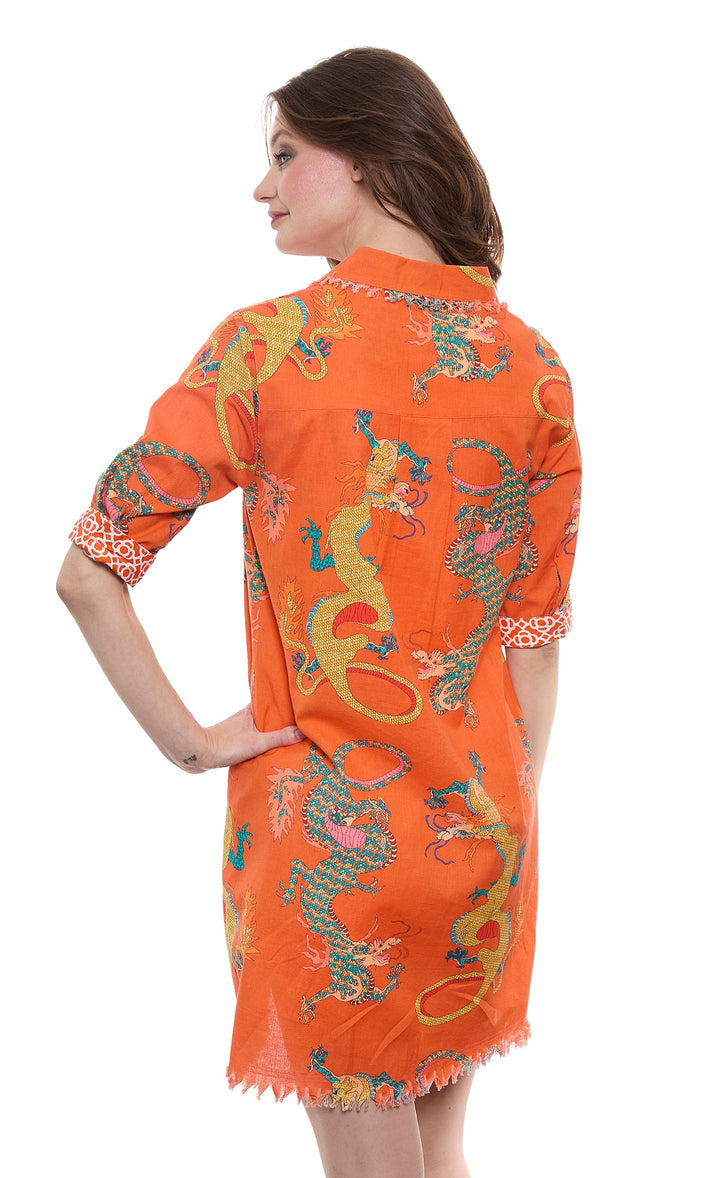 Dizzy-Lizzie Chatham Dress in Orange Ground Dragon Print available at Barbara Katz