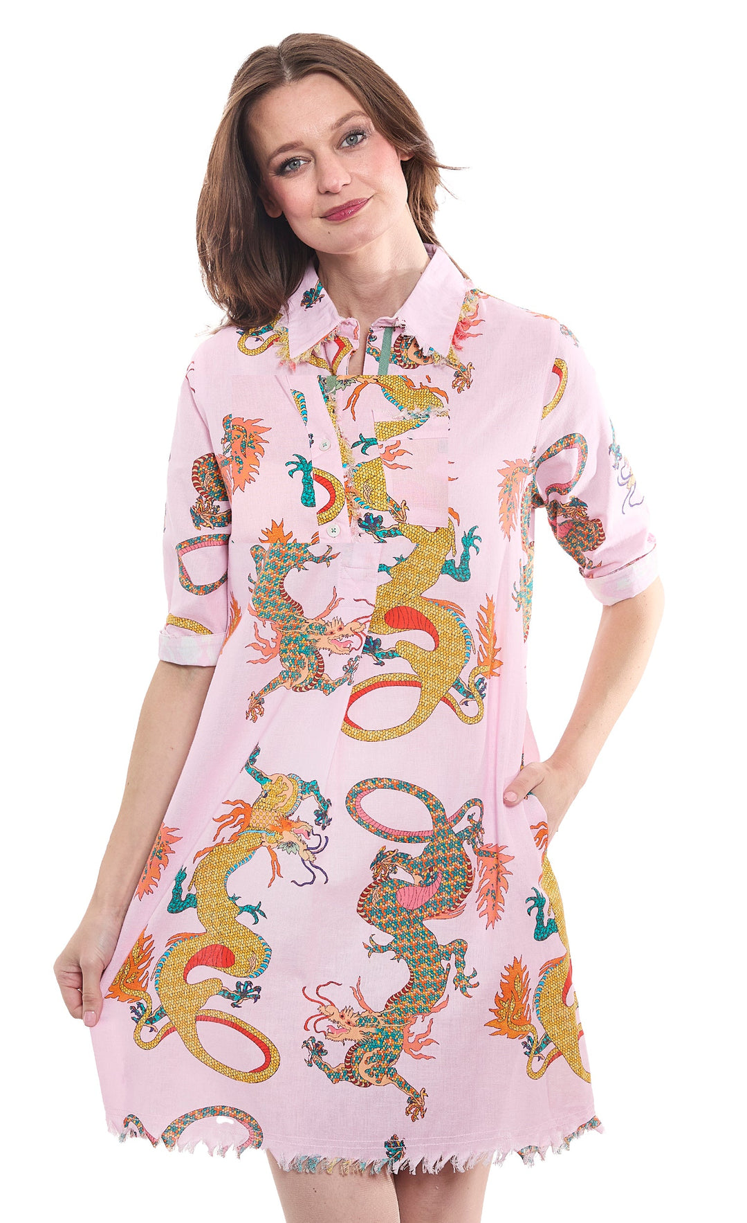 Dizzy-Lizzie Chatham Dress in Powder Pink Dragon Print available at Barbara Katz