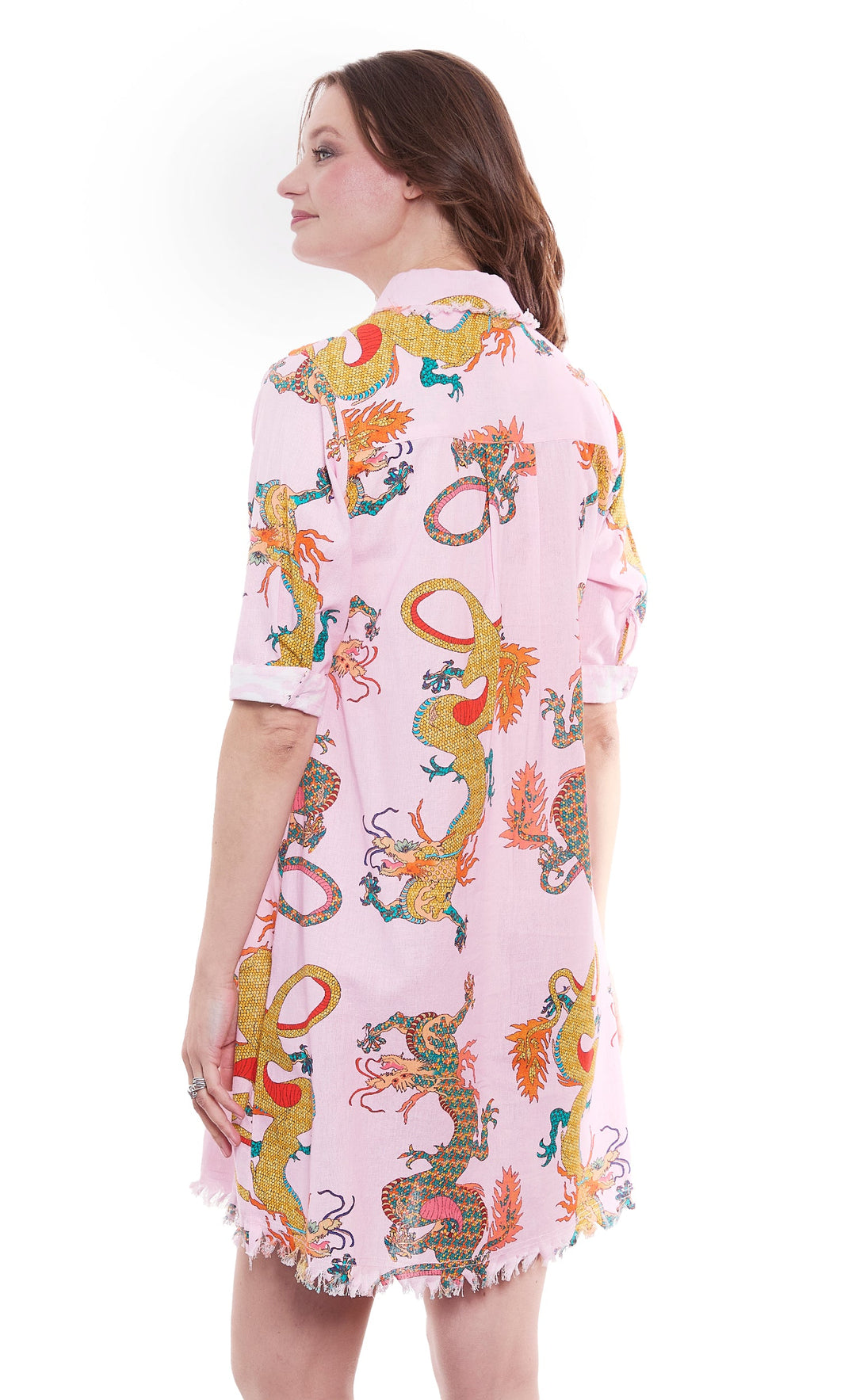Dizzy-Lizzie Chatham Dress in Powder Pink Dragon Print available at Barbara Katz