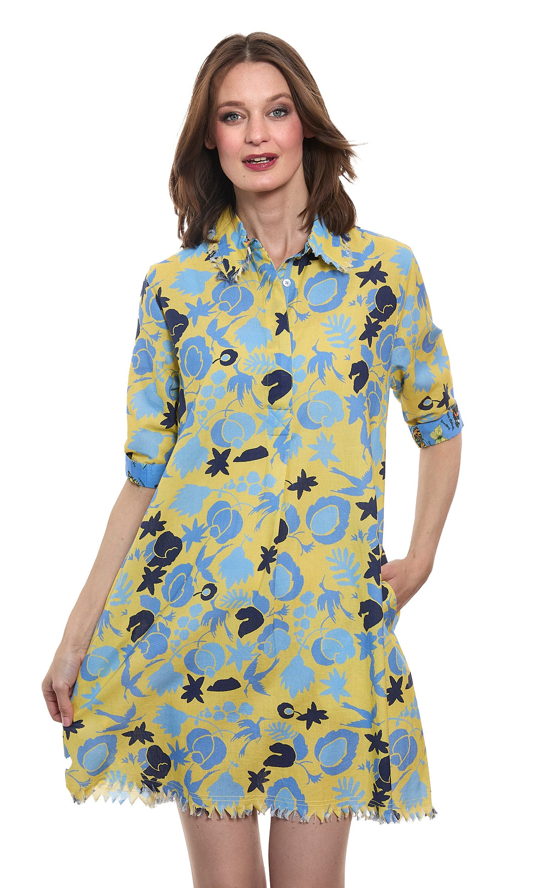Dizzy-Lizzie Chatham Dress - Yellow Blue Floral available at Barbara Katz