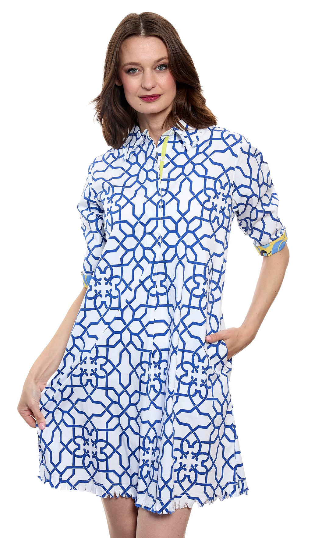 Dizzy-Lizzie Chatham Dress in Navy White Geo Print available at Barbara Katz