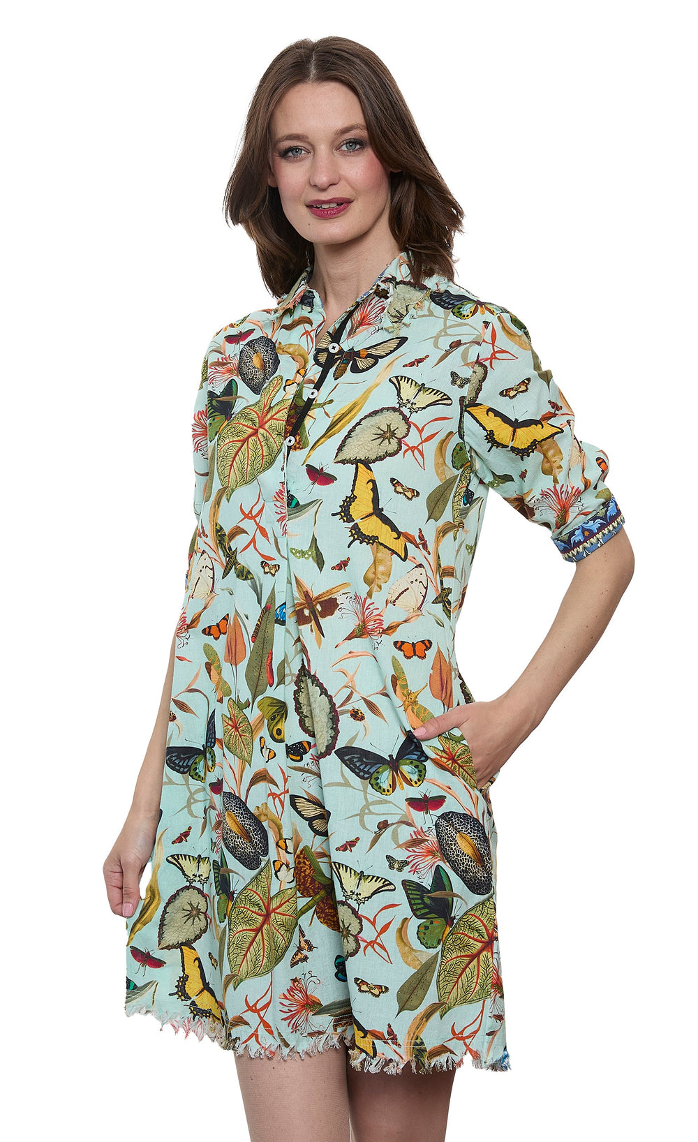 Dizzy-Lizzie Chatham Dress in Turquoise Ground Botanical Print available at Barbara Katz