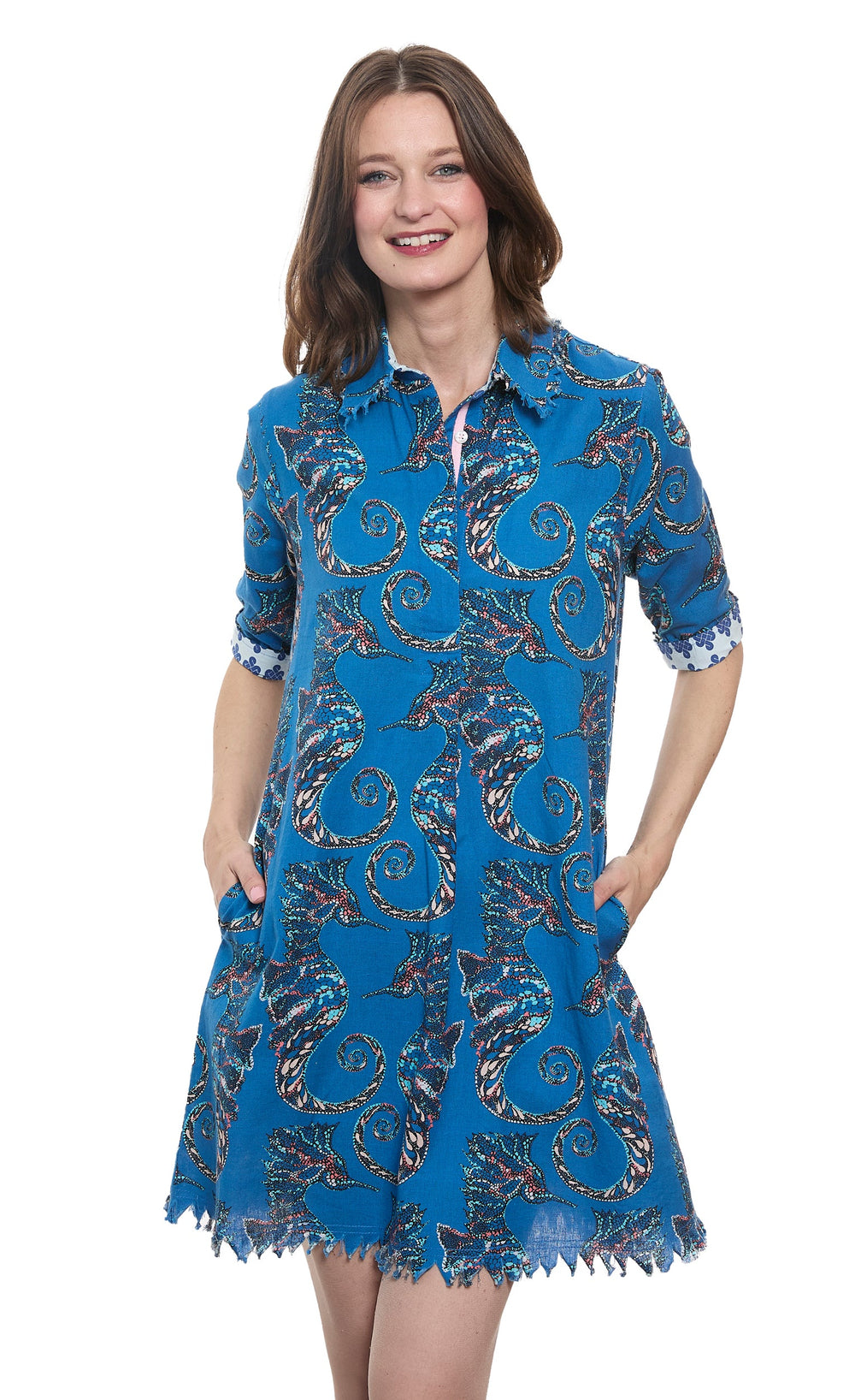 Dizzy-Lizzie Chatham Dress in Blue Seahorse Print available at Barbara Katz