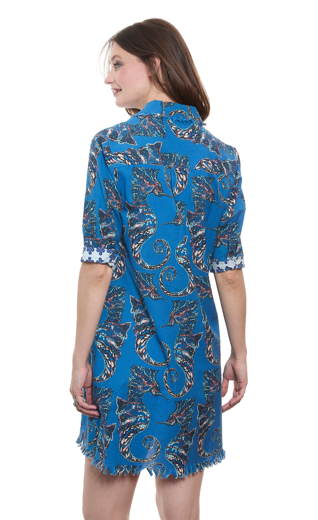 Dizzy-Lizzie Chatham Dress in Blue Seahorse Print available at Barbara Katz
