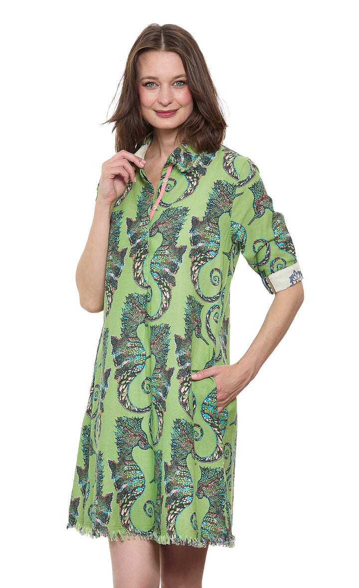 Dizzy-Lizzie Chatham Dress in Green Seahorse Print available at Barbara Katz