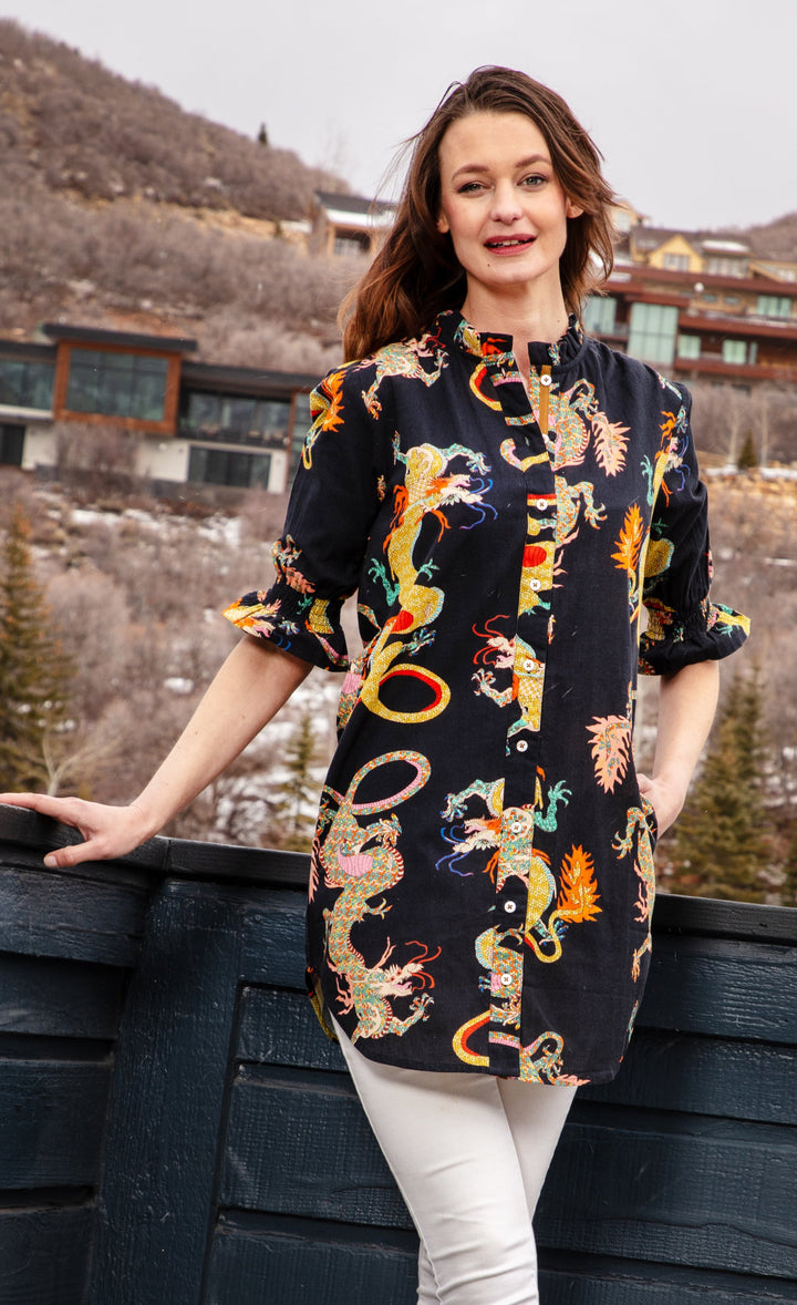 Dizzy-Lizzie Big Shirt Tunic with Ruffle Black Dragon available at Barbara Katz