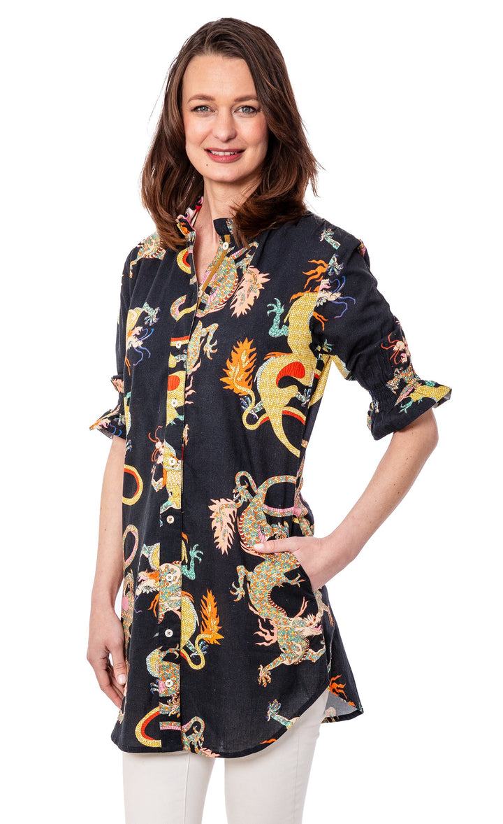 Dizzy-Lizzie Big Shirt Tunic with Ruffle Black Dragon available at Barbara Katz