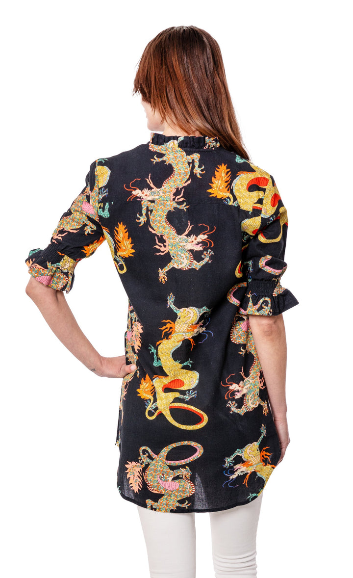 Dizzy-Lizzie Big Shirt Tunic with Ruffle Black Dragon available at Barbara Katz