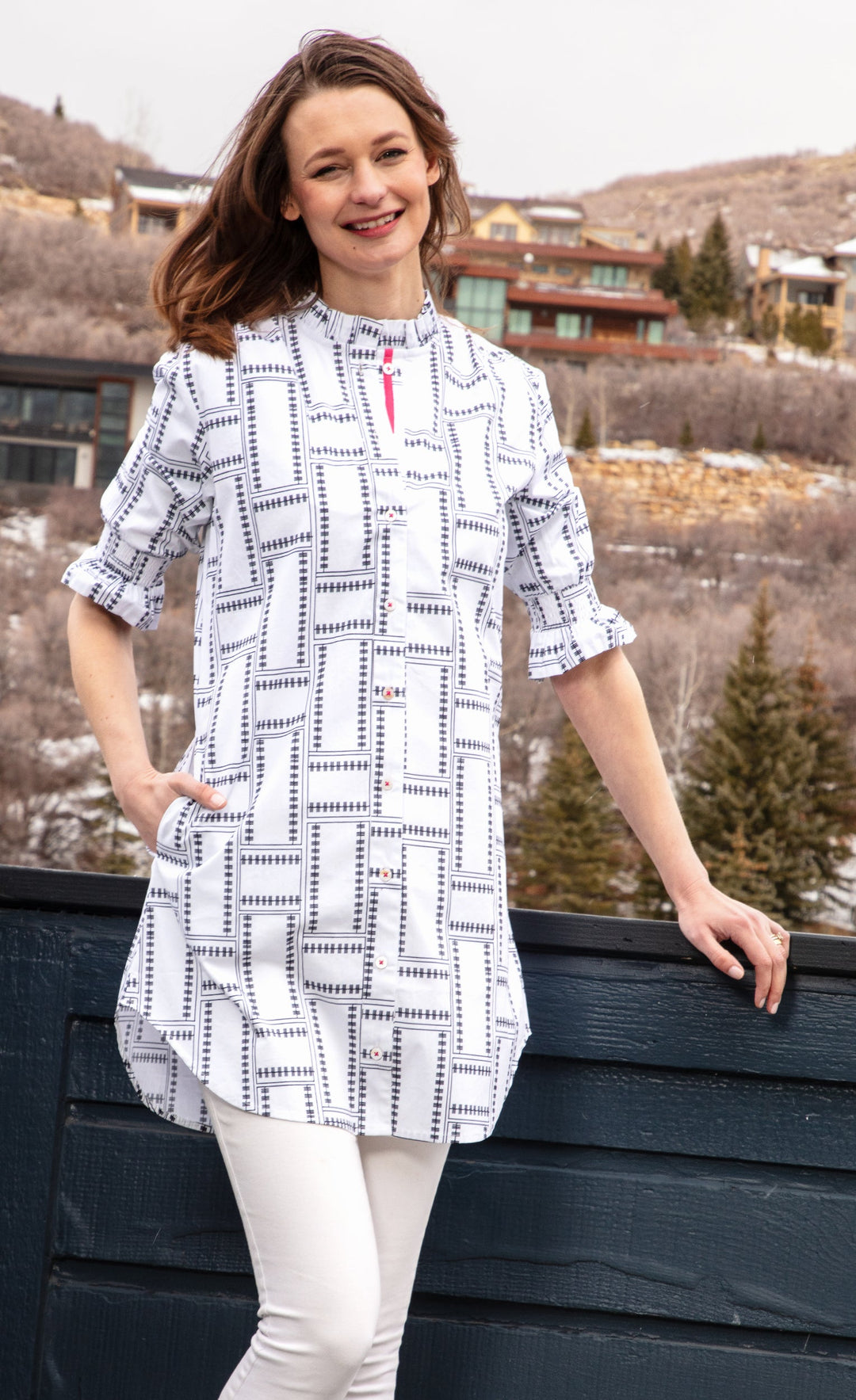 Dizzy-Lizzie Big Shirt Tunic with Ruffle Sleeves White Geo available at Barbara Katz