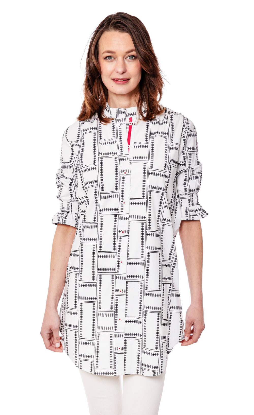 Dizzy-Lizzie Big Shirt Tunic with Ruffle Sleeves White Geo available at Barbara Katz