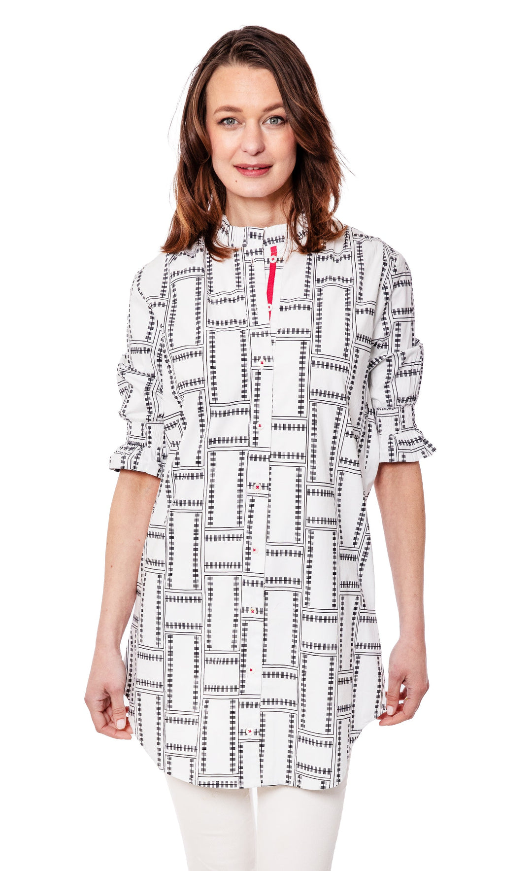 Dizzy-Lizzie Big Shirt Tunic with Ruffle Sleeves White Geo available at Barbara Katz