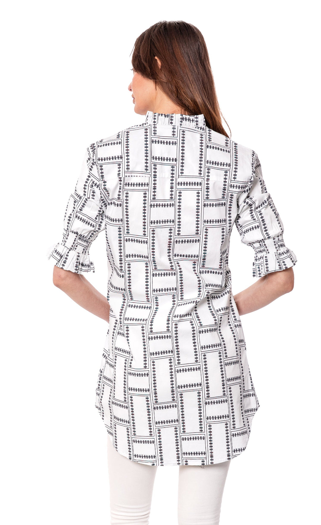 Dizzy-Lizzie Big Shirt Tunic with Ruffle Sleeves White Geo available at Barbara Katz