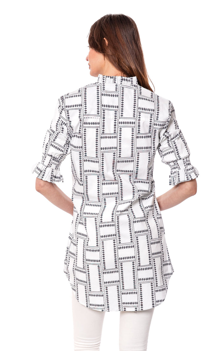 Dizzy-Lizzie Big Shirt Tunic with Ruffle Sleeves White Geo available at Barbara Katz
