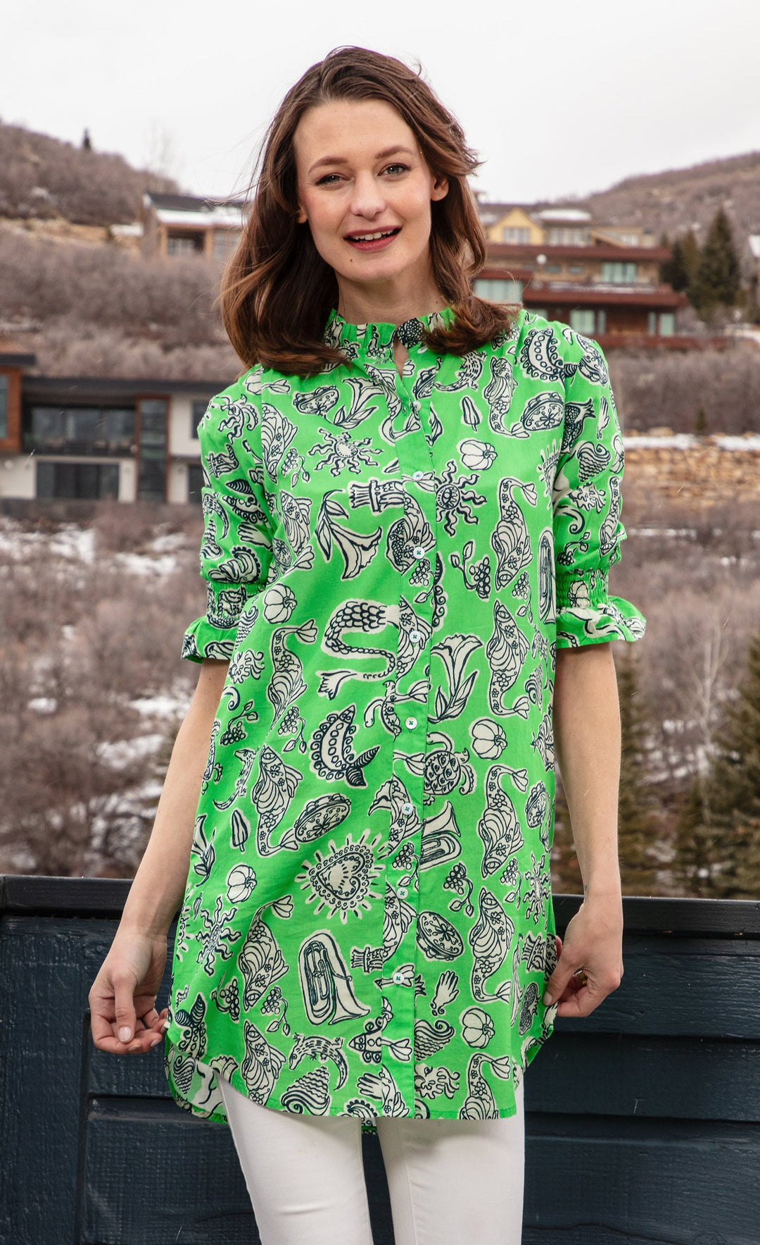 Dizzy-Lizzie Big Shirt Tunic with Ruffle Green Whimsy Print available at Barbara Katz