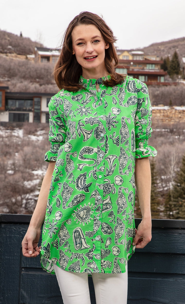 Dizzy-Lizzie Big Shirt Tunic with Ruffle Green Whimsy Print available at Barbara Katz