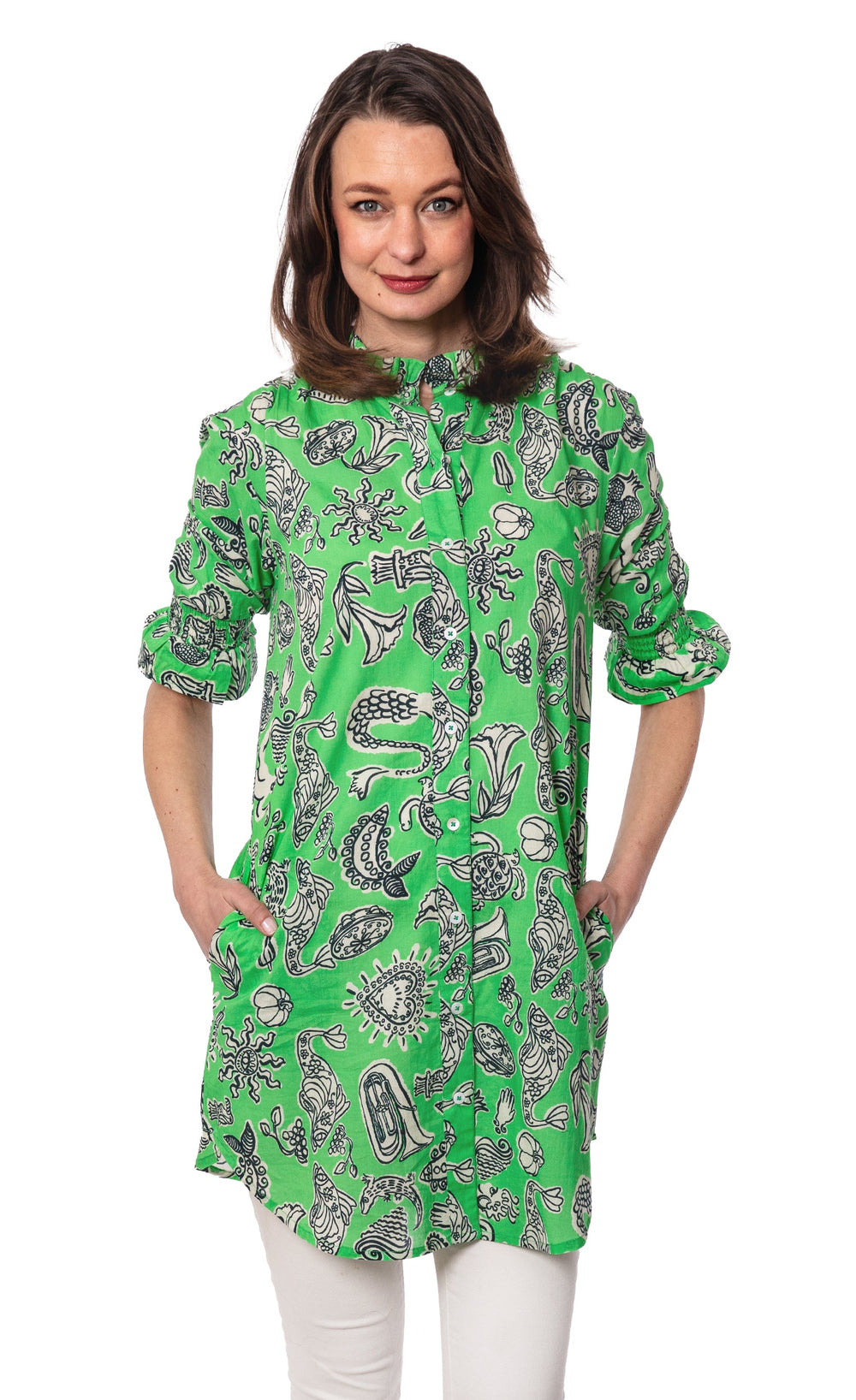 Dizzy-Lizzie Big Shirt Tunic with Ruffle Green Whimsy Print available at Barbara Katz