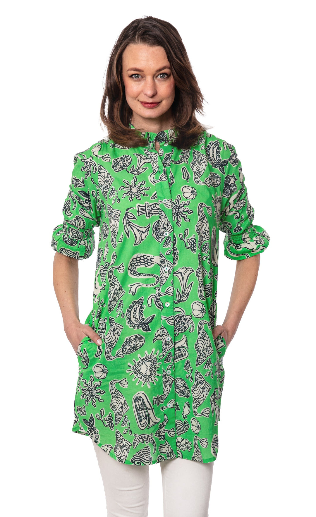 Dizzy-Lizzie Big Shirt Tunic with Ruffle Green Whimsy Print available at Barbara Katz