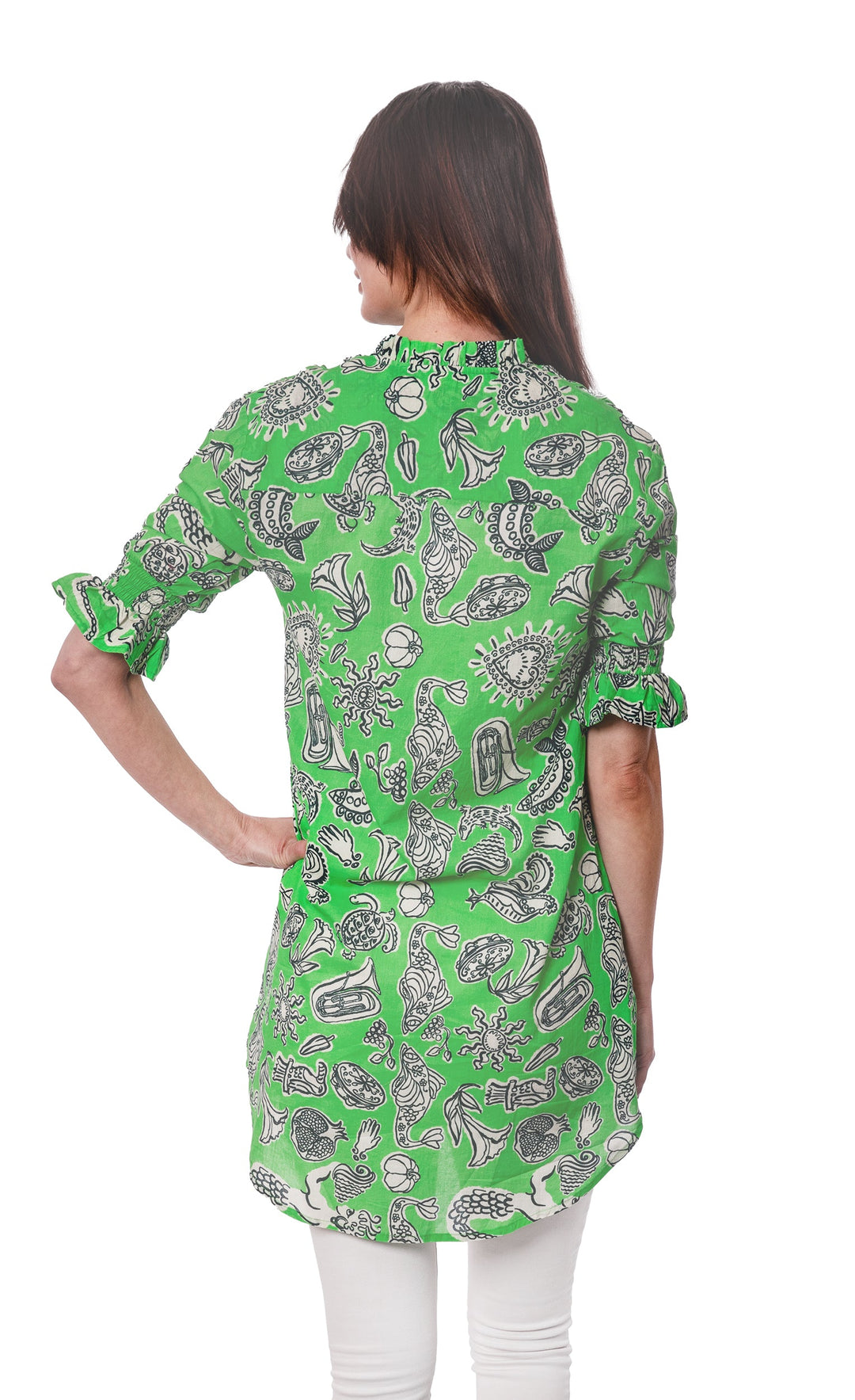 Dizzy-Lizzie Big Shirt Tunic with Ruffle Green Whimsy Print available at Barbara Katz