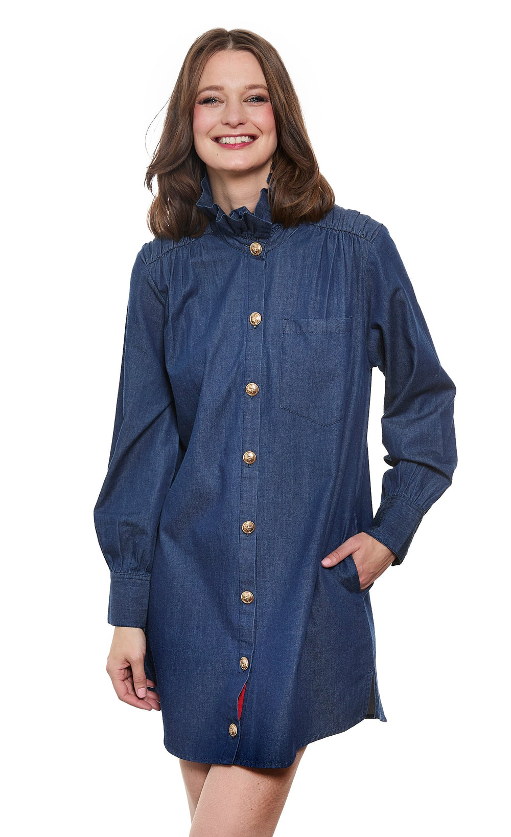 Dizzy-Lizzie Denim Tunic with Ruffle Neck and Side Pockets available at Barbara Katz