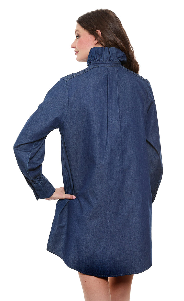 Dizzy-Lizzie Denim Tunic with Ruffle Neck and Side Pockets available at Barbara Katz