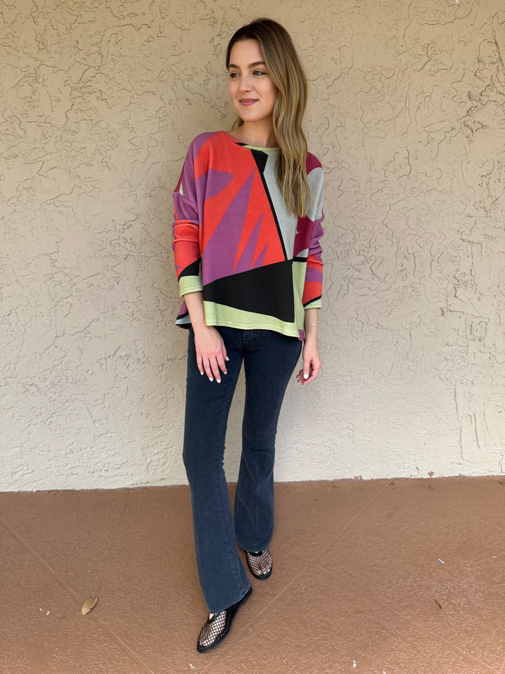 Andrea Geer Thermal Knit Crop Boxy Top - Multi Print