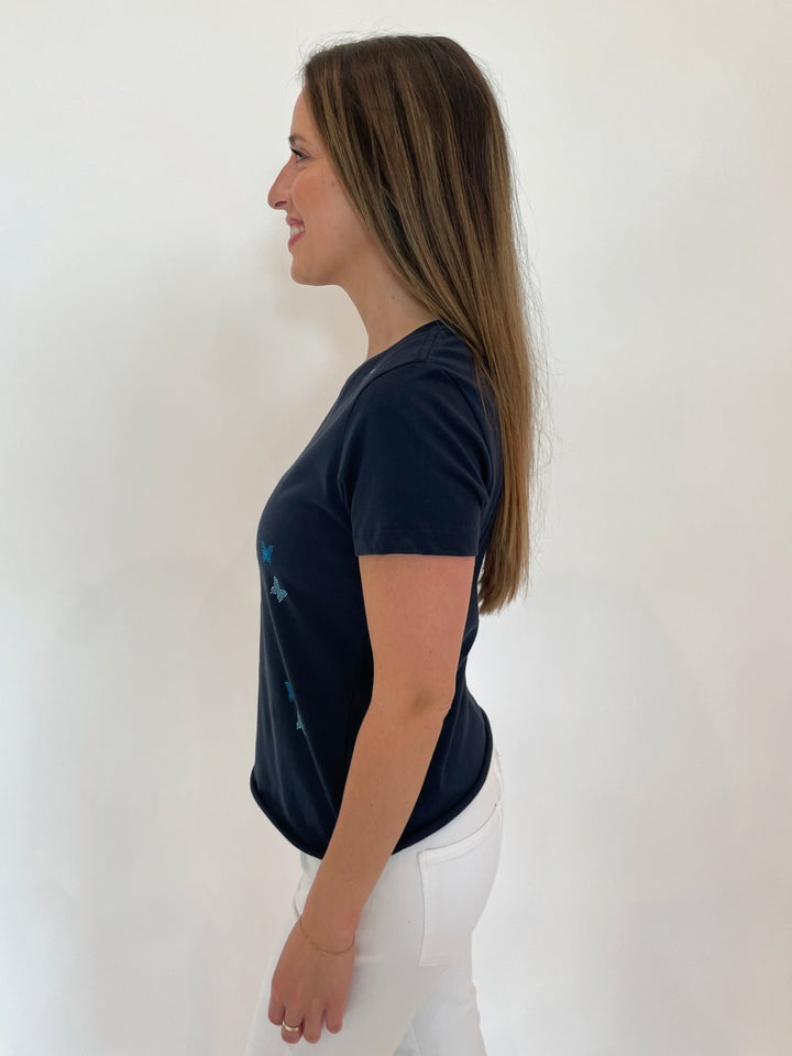 Suzy T Butterflies T-Shirt in Navy available at Barbara Katz