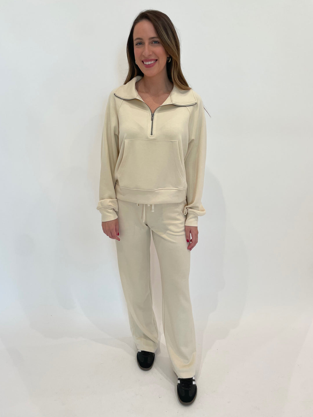 BK Nina Half-Zip Sweatshirt in Alpaca paired with matching BK Roci Sweatpants in Alpaca available at Barbara Katz