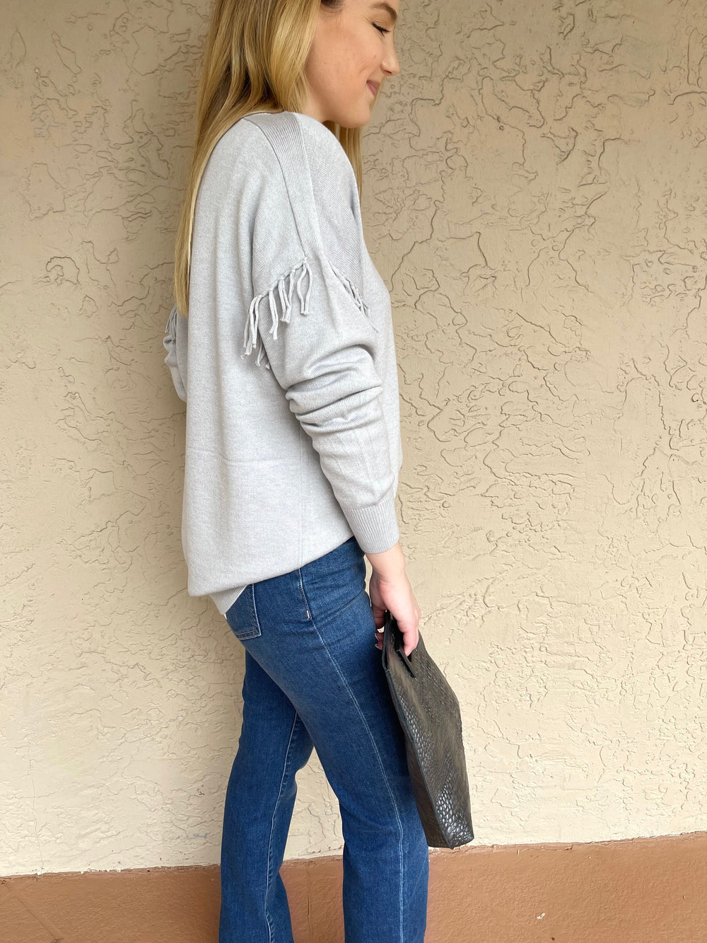 Elliott Lauren Fringe Mock Neck Sweater - Silver