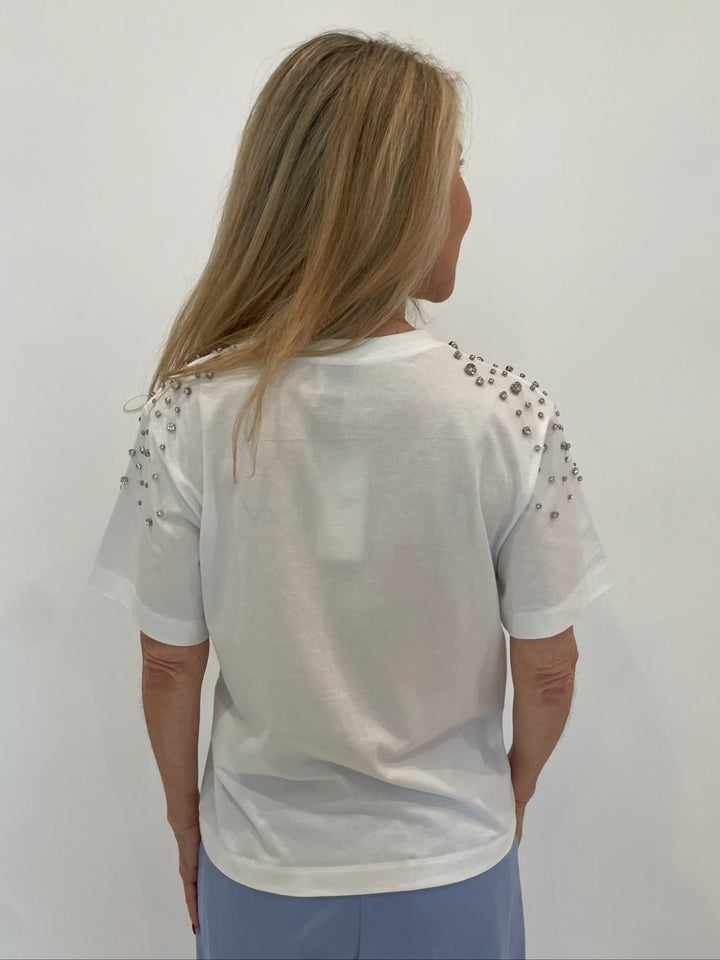 Marella Feluca Cotton T-Shirt With Crystals in Optical White available at Barbara Katz