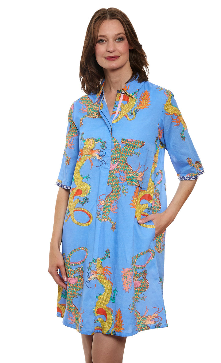 Dizzy-Lizzie Monterey Dress - French Blue Ground Dragon Print available at Barbara Katz