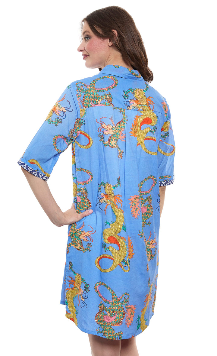 Dizzy-Lizzie Monterey Dress - French Blue Ground Dragon Print available at Barbara Katz