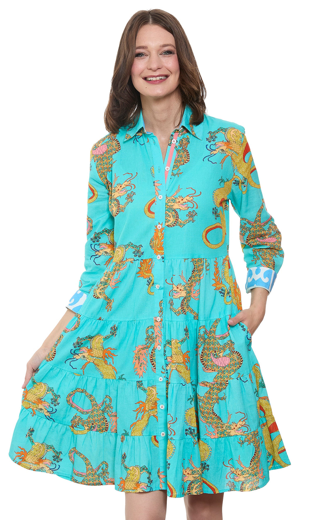 Dizzy-Lizzie Delray Dress in Turquoise Dragons Print available at Barbara Katz