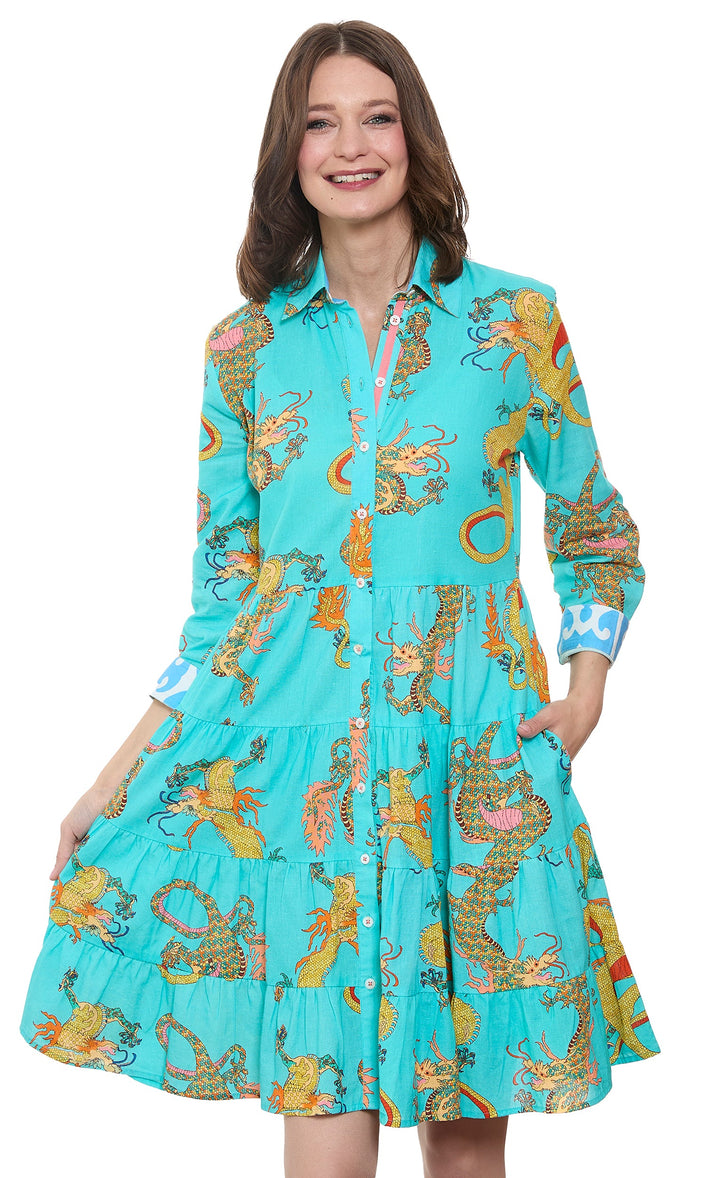 Dizzy-Lizzie Delray Dress in Turquoise Dragons Print available at Barbara Katz