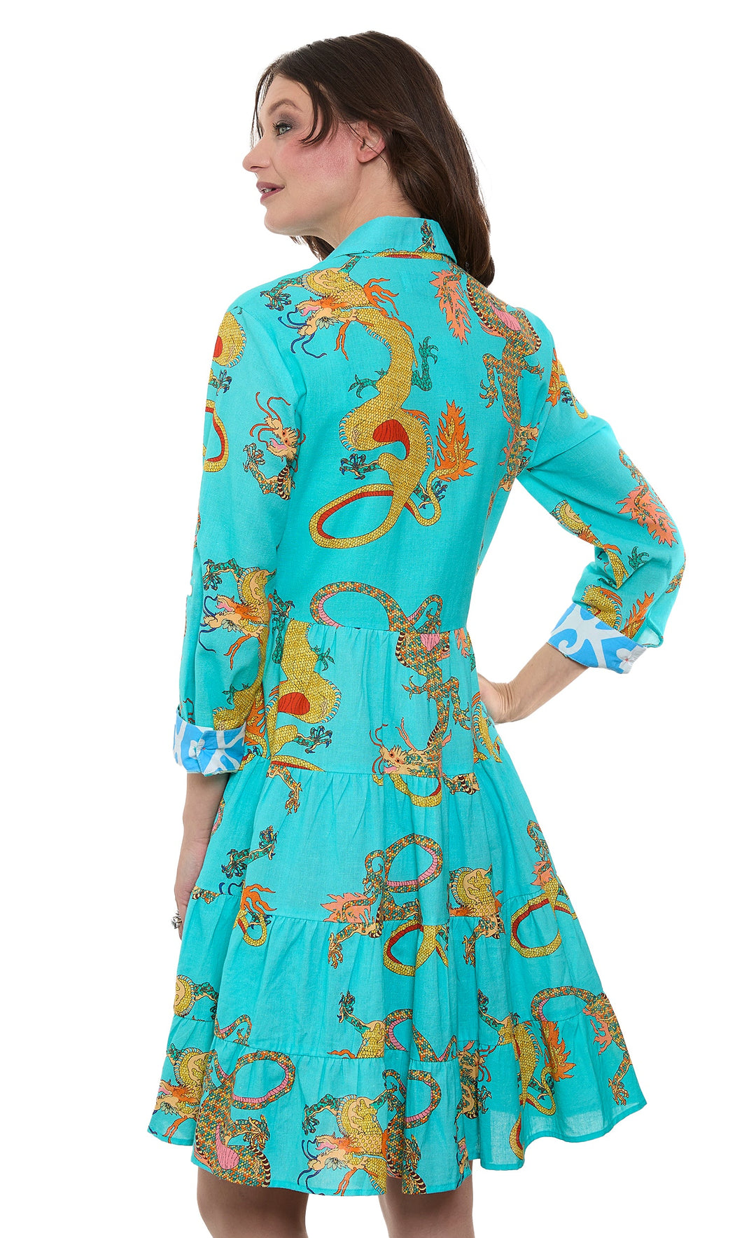 Dizzy-Lizzie Delray Dress in Turquoise Dragons Print available at Barbara Katz